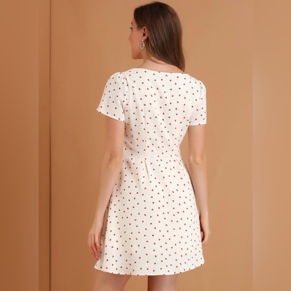 NWT Allegra K Dainty Heart Pattern Square Neck Short Sleeve Fit & Flare Dress - Picture 4 of 10